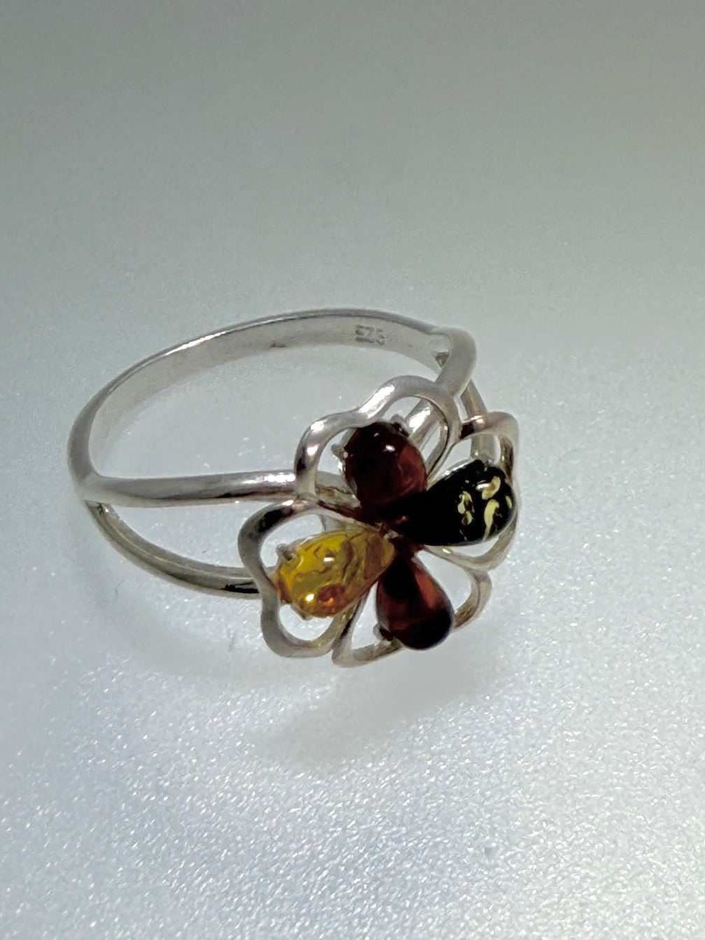 Genuine Baltic Amber & Sterling Silver Flower Floral Heart Ring