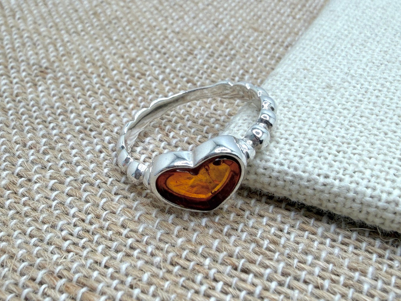 Genuine Baltic Amber & Sterling Silver Heart Band Ring – Cognac or Green Amber
