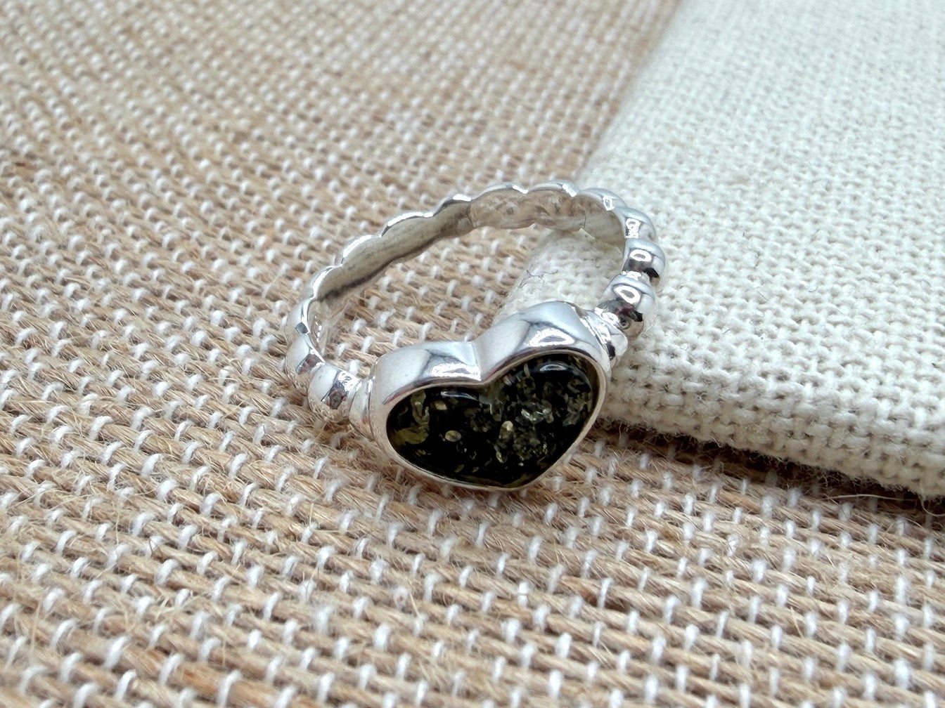 Genuine Baltic Amber & Sterling Silver Heart Band Ring – Cognac or Green Amber