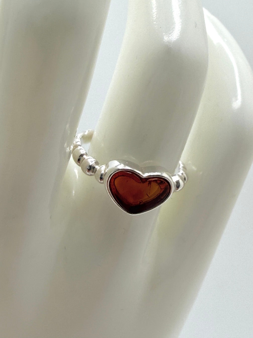 Genuine Baltic Amber & Sterling Silver Heart Band Ring – Cognac or Green Amber
