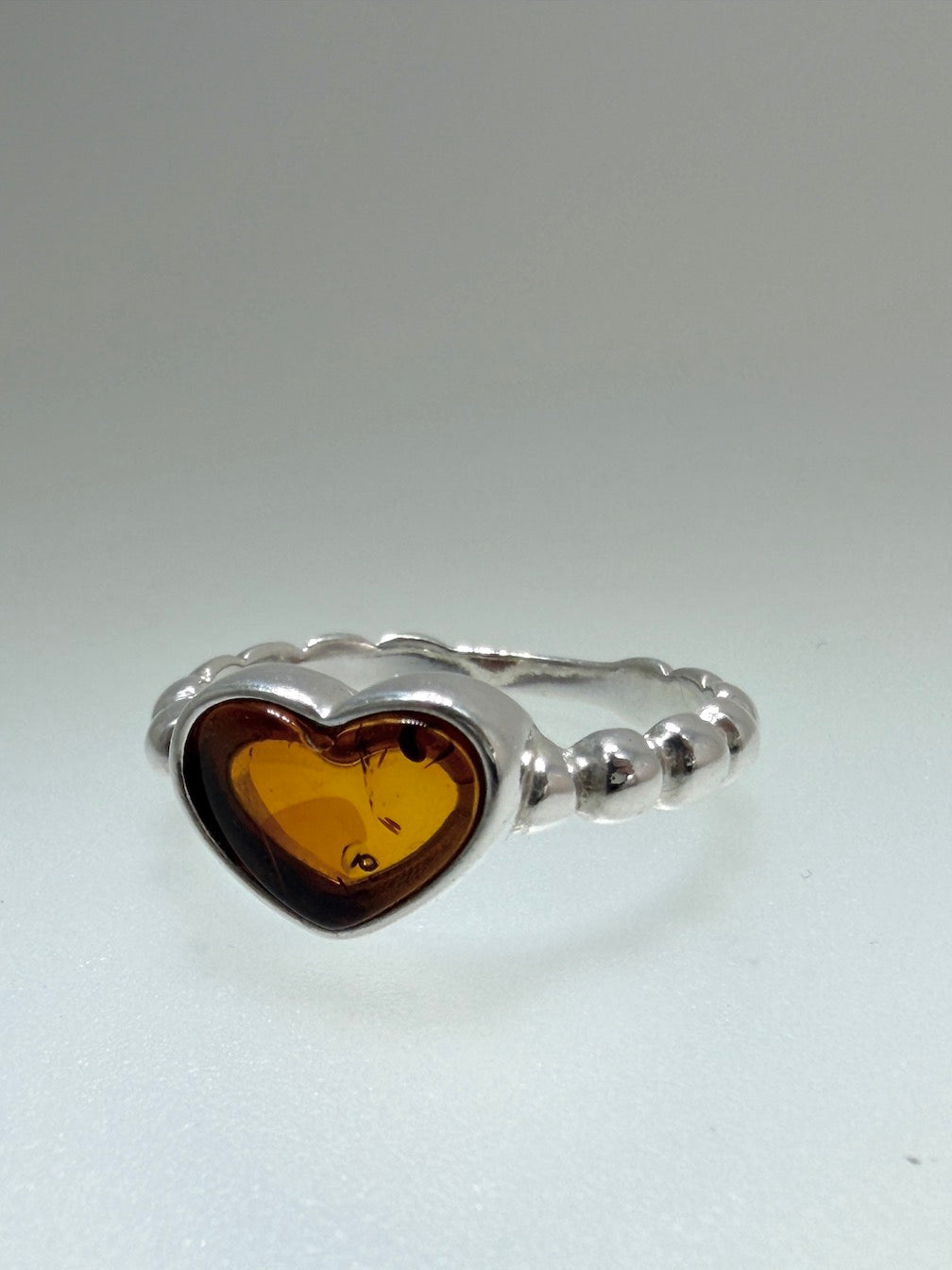 Genuine Baltic Amber & Sterling Silver Heart Band Ring – Cognac or Green Amber