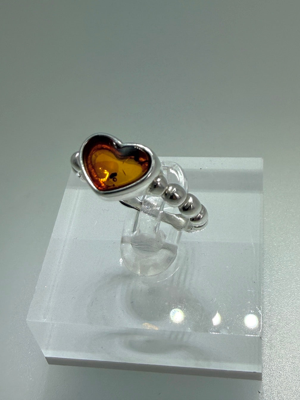 Genuine Baltic Amber & Sterling Silver Heart Band Ring – Cognac or Green Amber