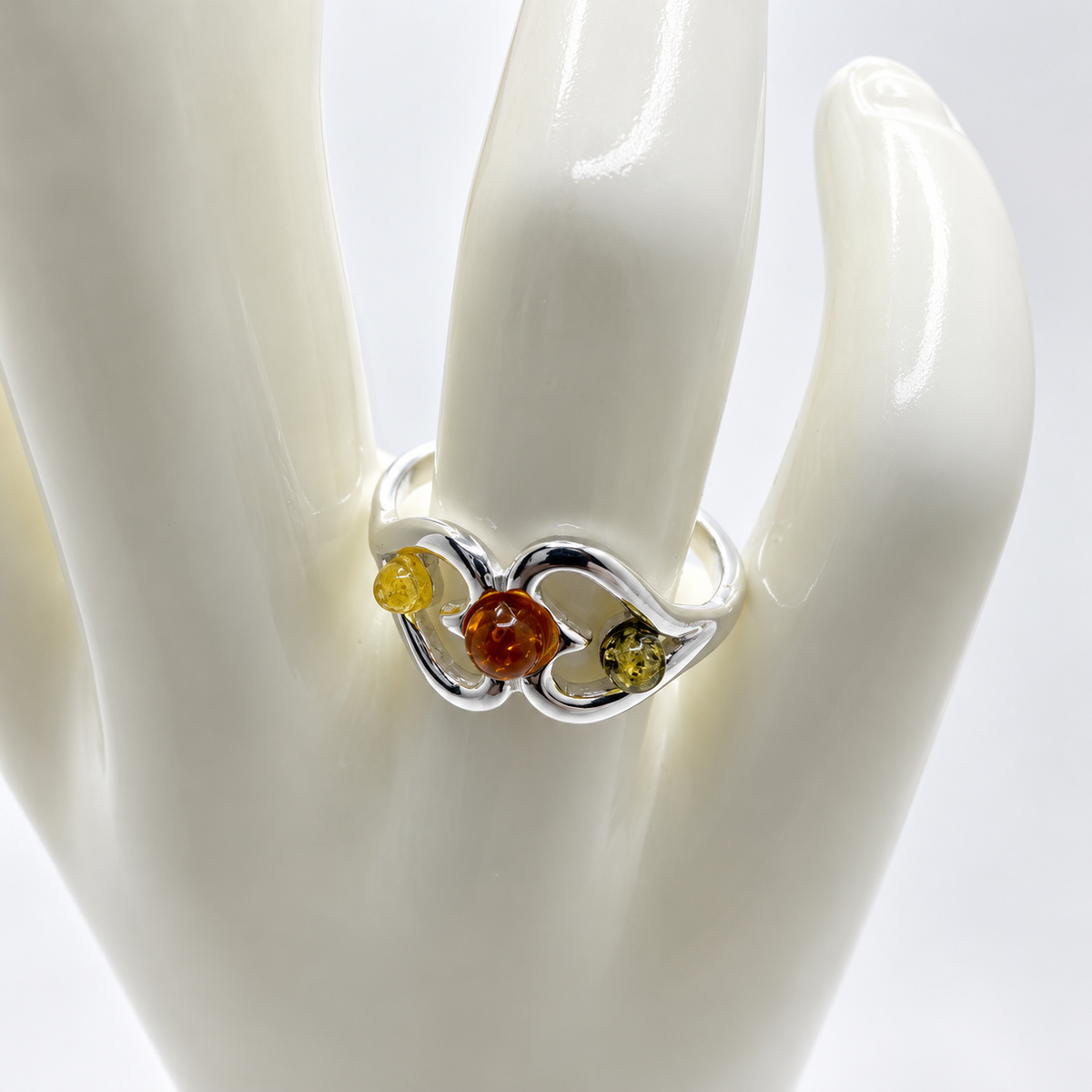 Genuine Baltic Amber & Sterling Silver Interlocking Heart Ring