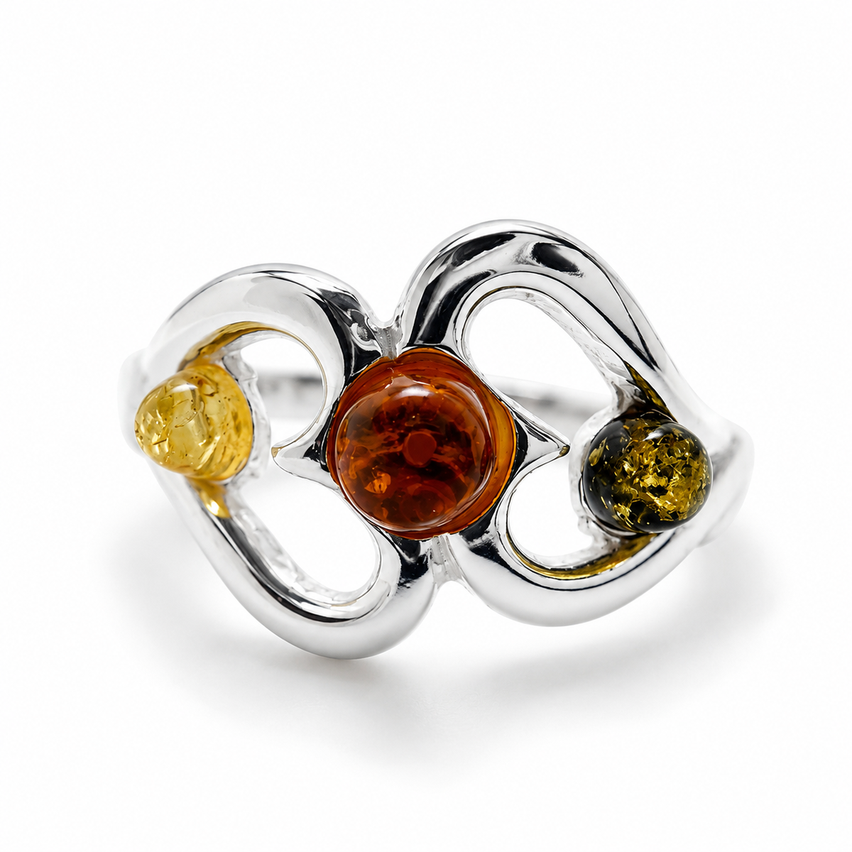 Genuine Baltic Amber & Sterling Silver Interlocking Heart Ring