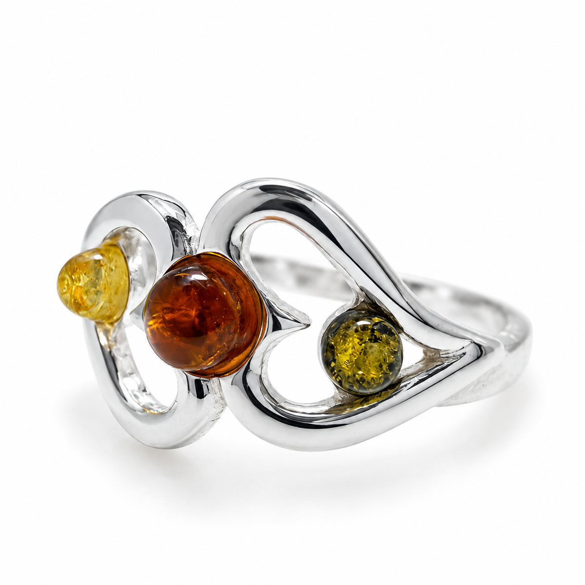 Genuine Baltic Amber & Sterling Silver Interlocking Heart Ring