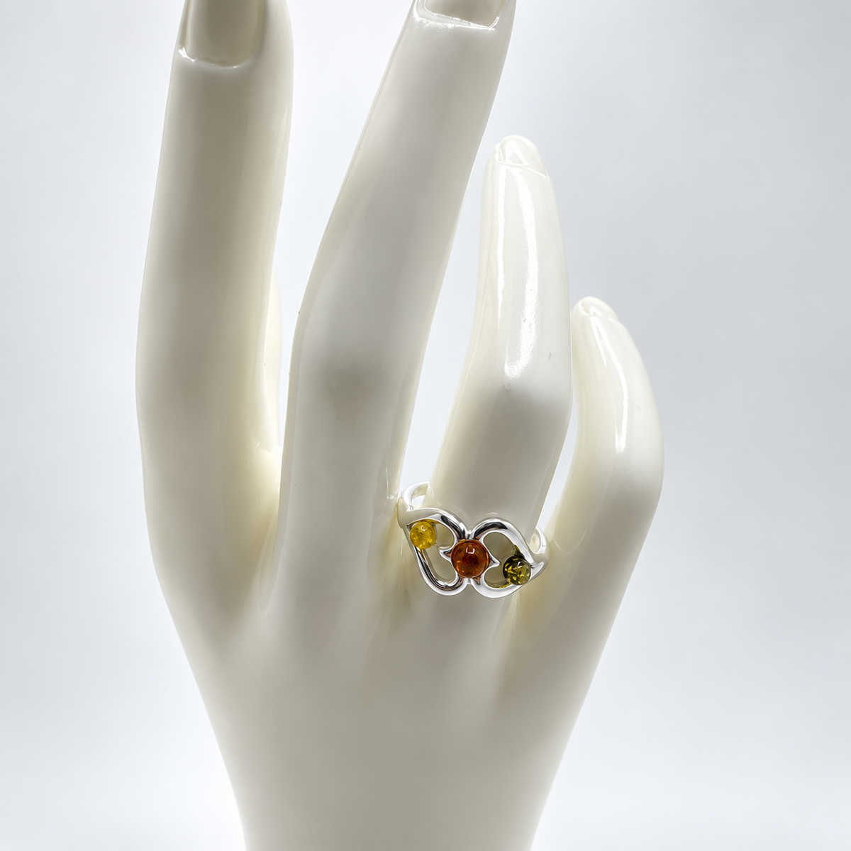 Genuine Baltic Amber & Sterling Silver Interlocking Heart Ring