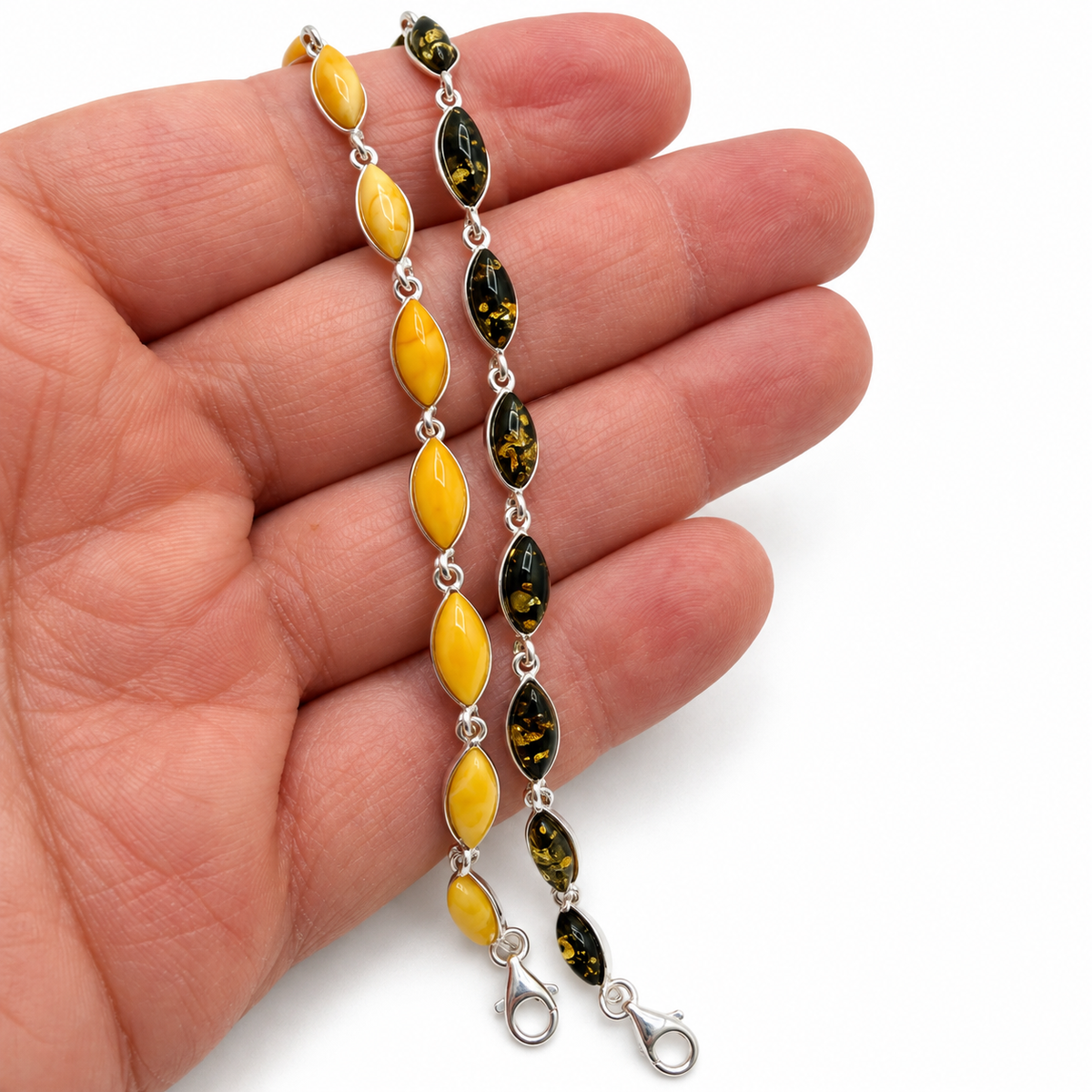 Genuine Baltic Amber & Sterling Silver Marquise Link Bracelet
