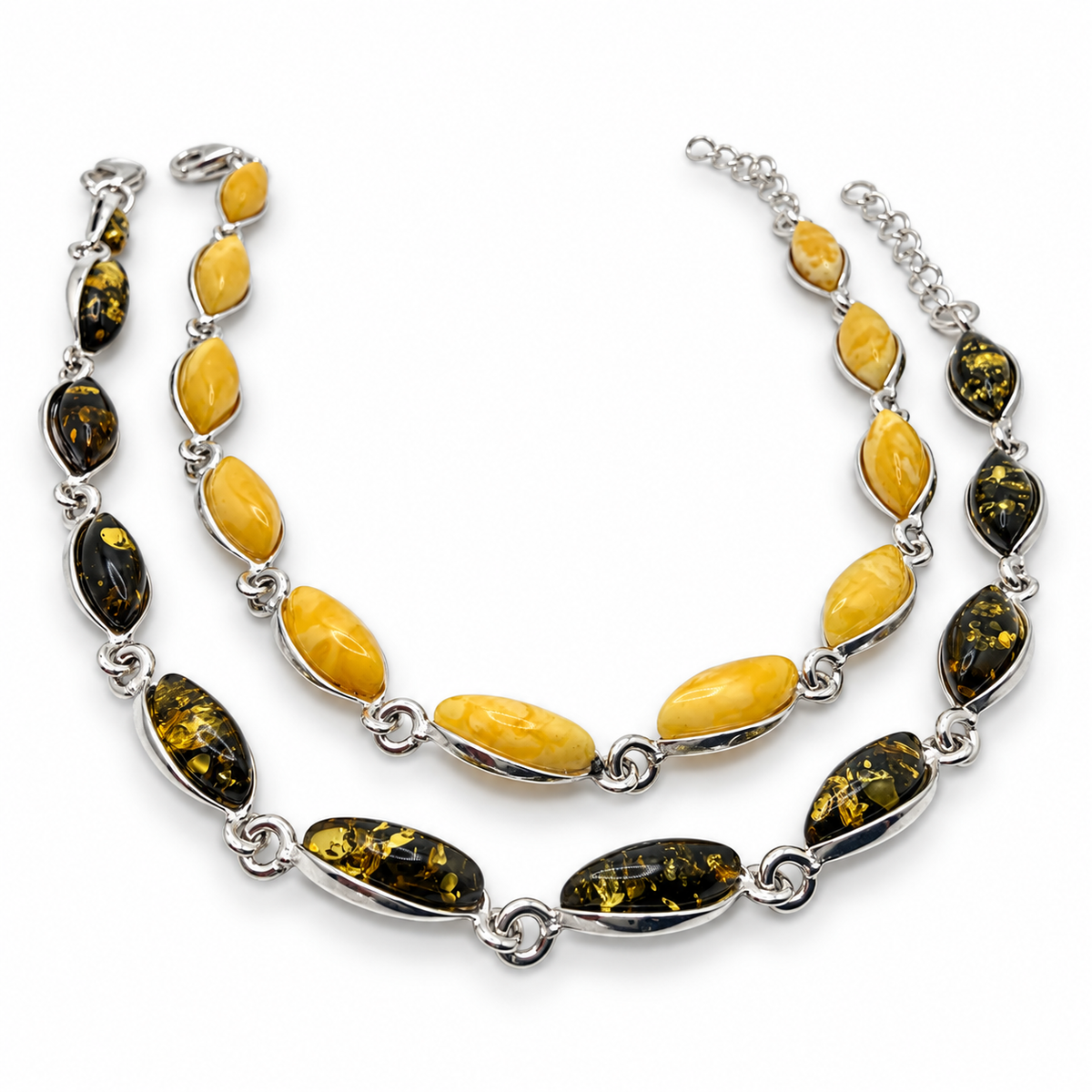 Genuine Baltic Amber & Sterling Silver Marquise Link Bracelet