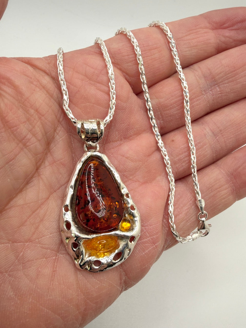Genuine Baltic Amber & Sterling Silver Modern Pendant on Wheat Chain