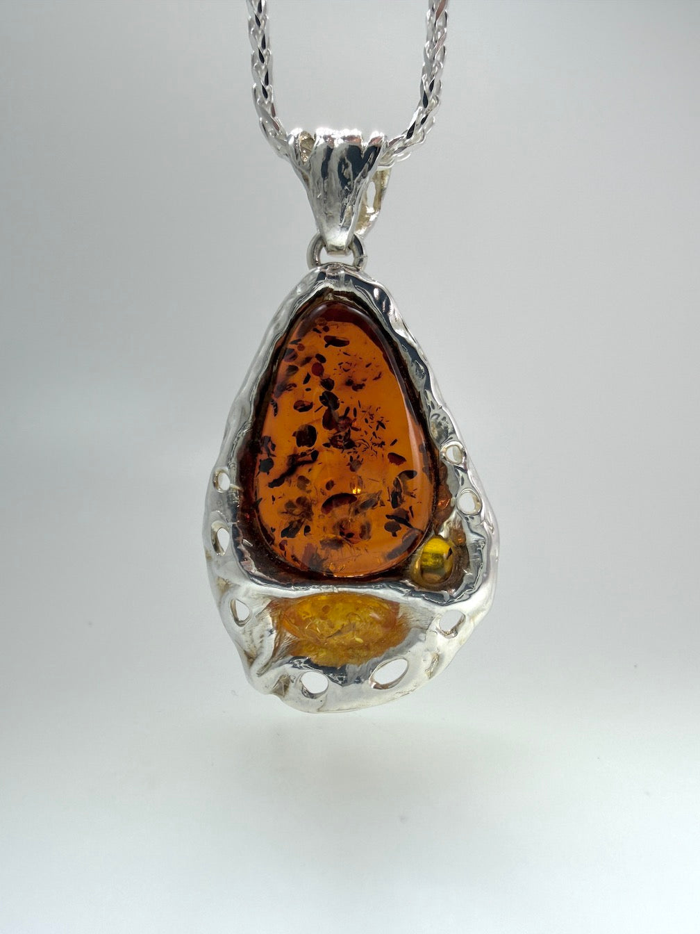 Genuine Baltic Amber & Sterling Silver Modern Pendant on Wheat Chain