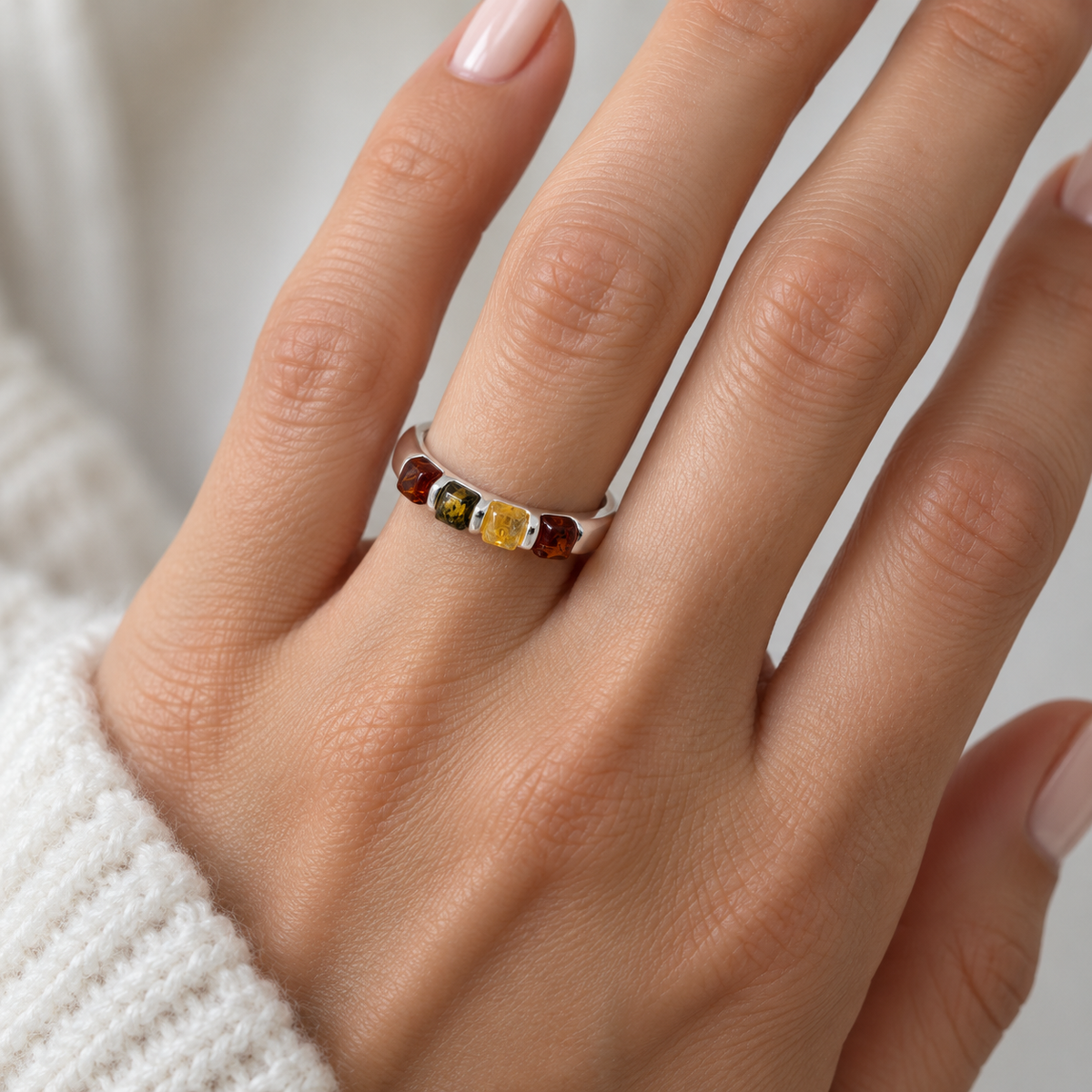 Genuine Baltic Amber & Sterling Silver Multicolor Band Ring
