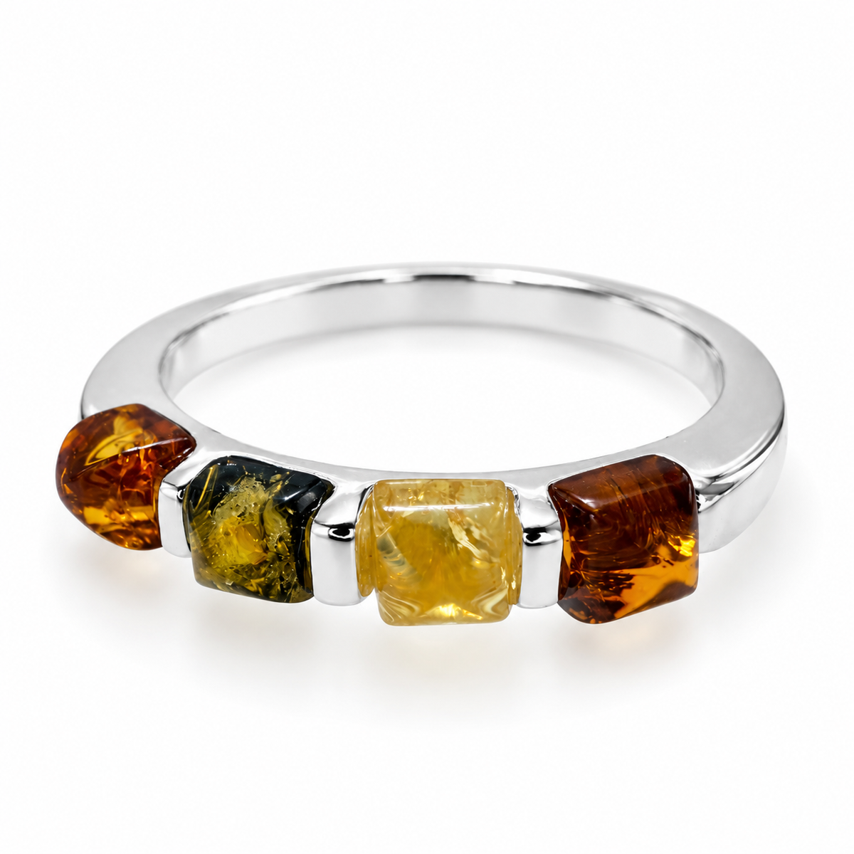 Genuine Baltic Amber & Sterling Silver Multicolor Band Ring