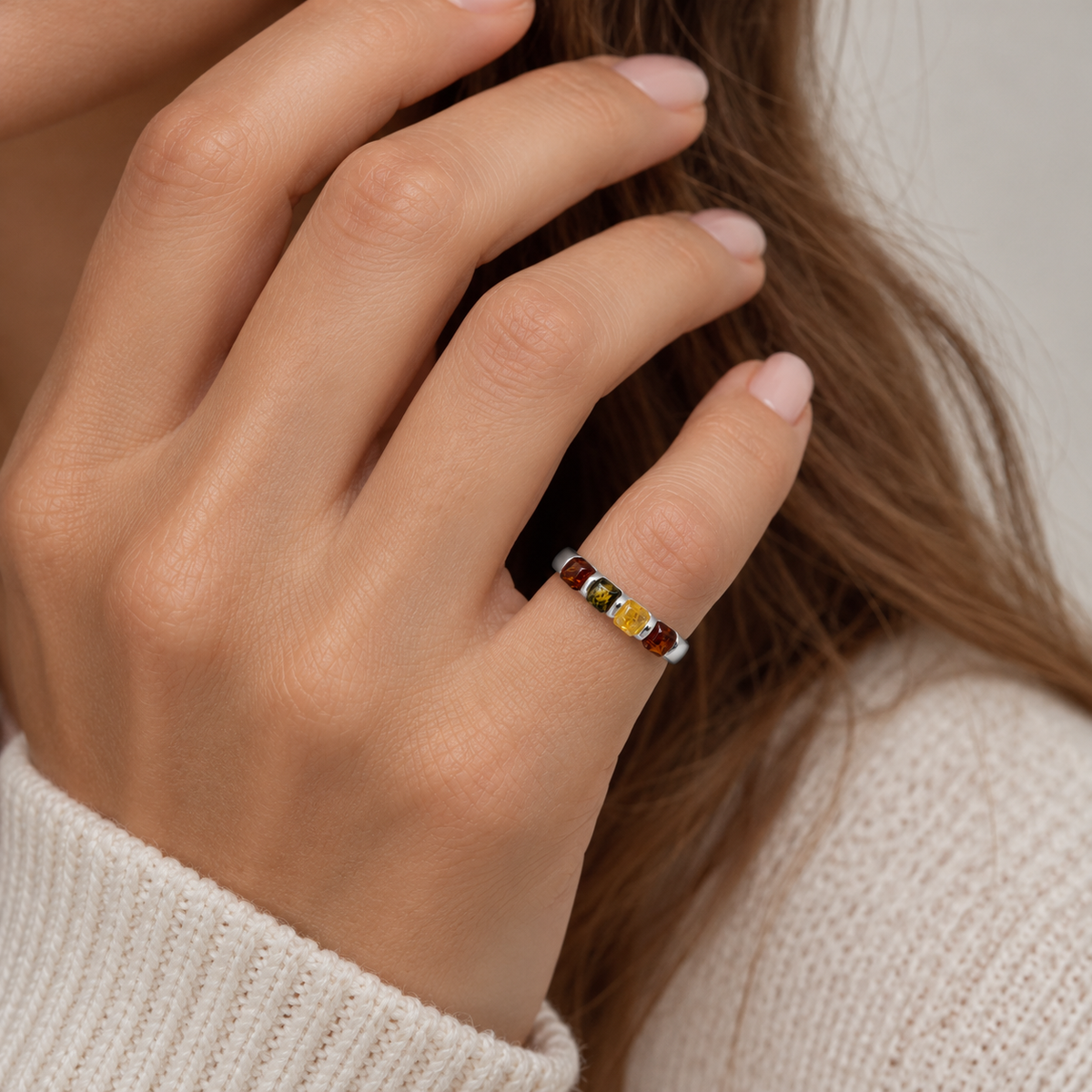 Genuine Baltic Amber & Sterling Silver Multicolor Band Ring