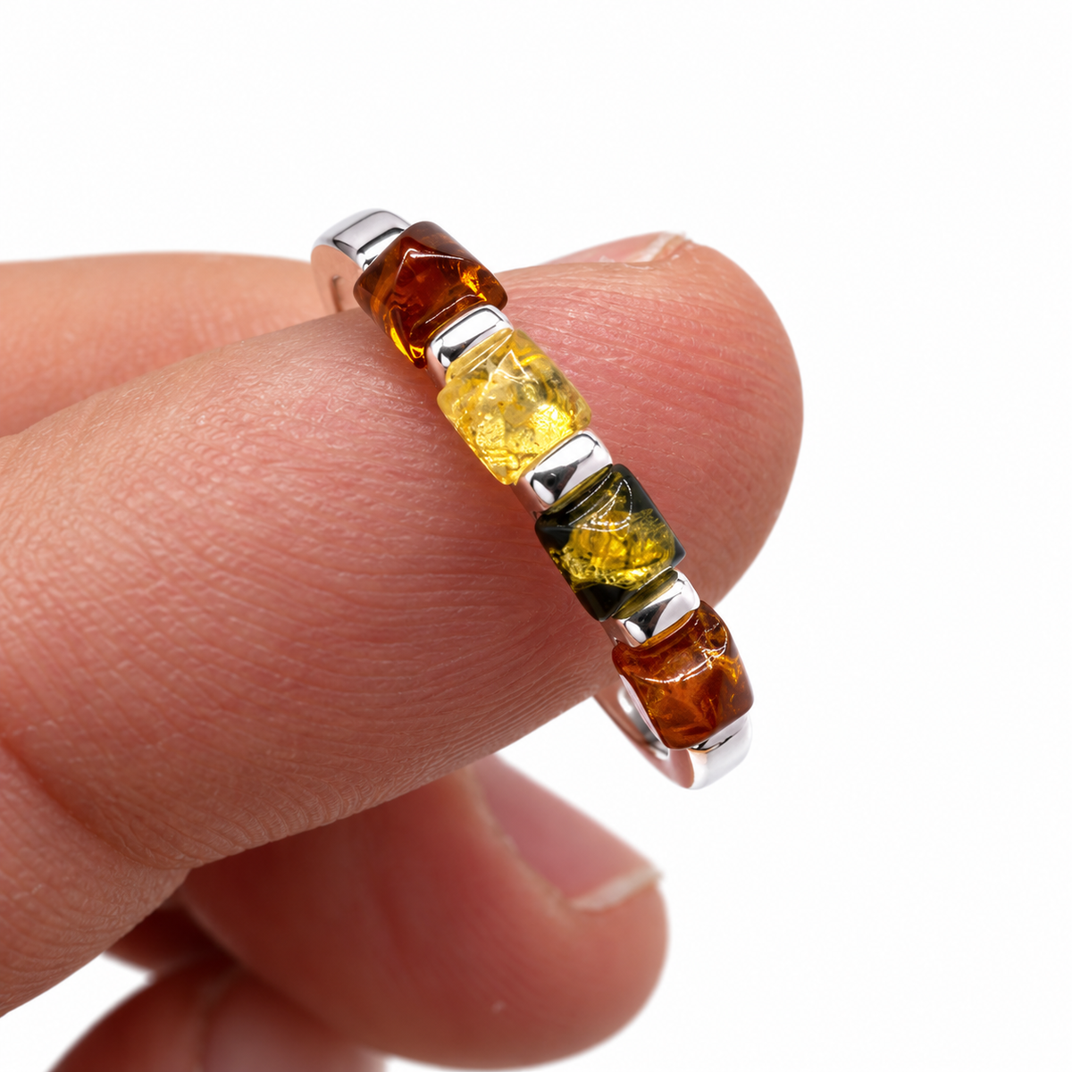 Genuine Baltic Amber & Sterling Silver Multicolor Band Ring