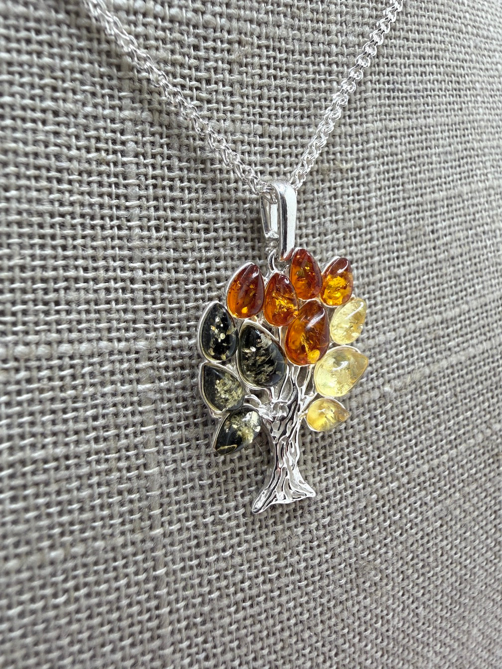 Genuine Baltic Amber & Sterling Silver Tree of Life Pendant • Ombre Lemon–Honey–Green Amber • 18” Box Chain Included