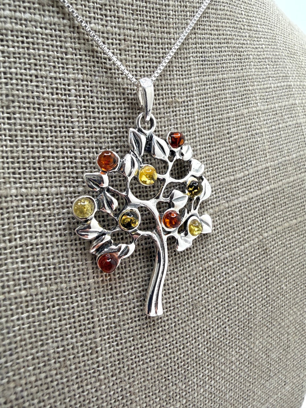 Genuine Baltic Amber & Sterling Silver Tree of Life Pendant 