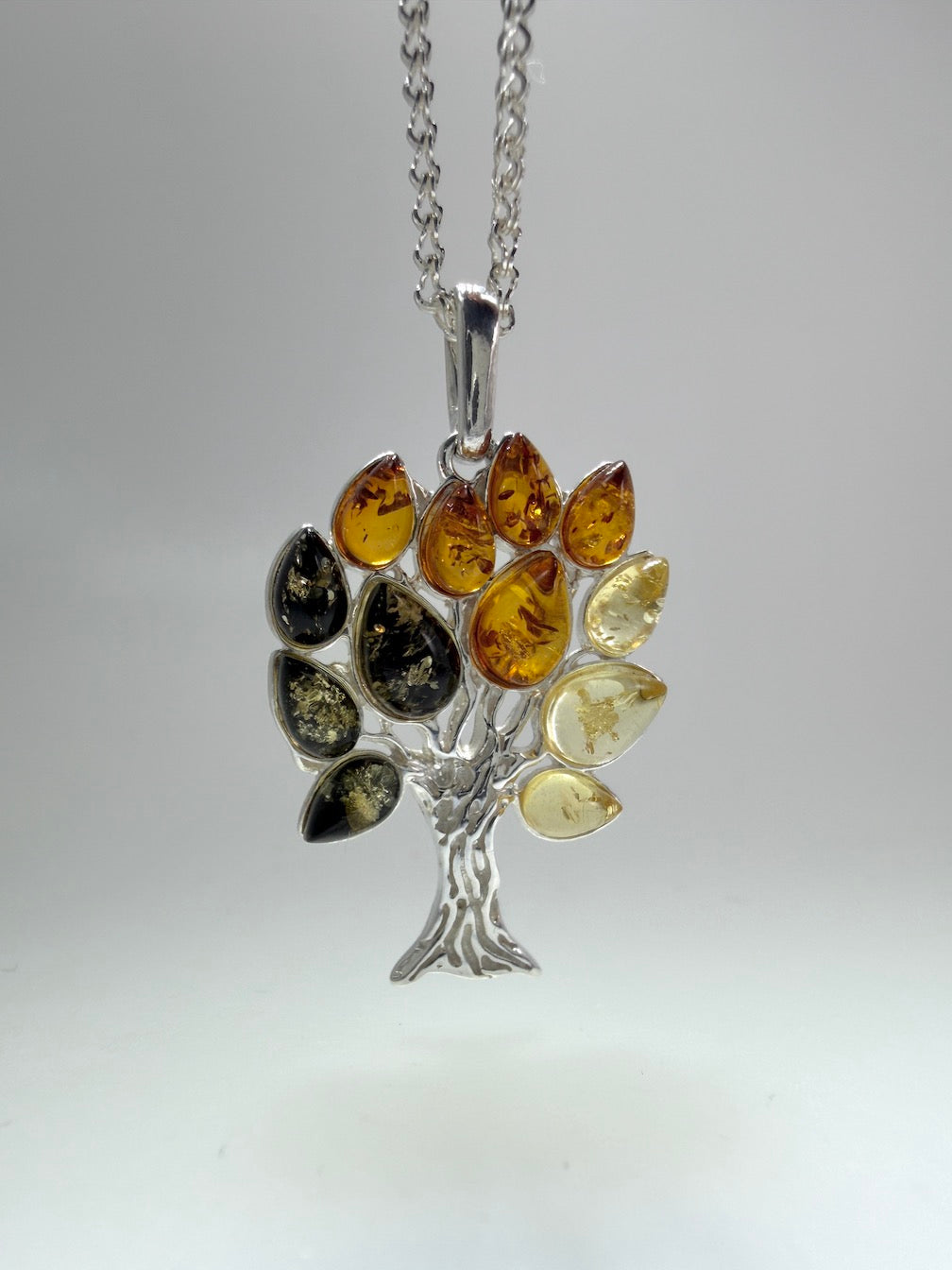 Genuine Baltic Amber & Sterling Silver Tree of Life Pendant • Ombre Lemon–Honey–Green Amber • 18” Box Chain Included