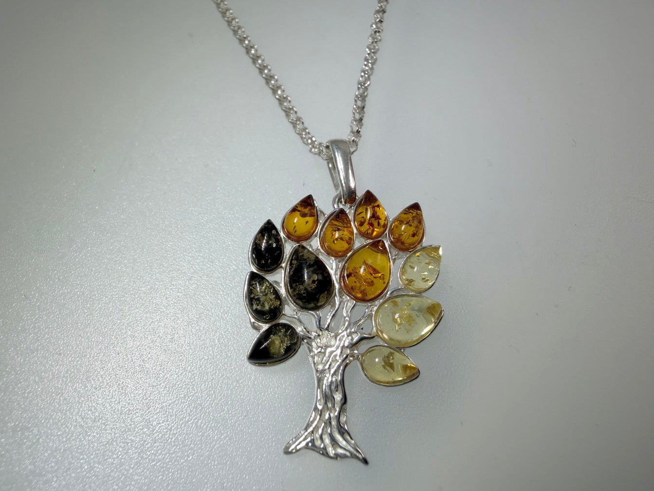 Genuine Baltic Amber & Sterling Silver Tree of Life Pendant • Ombre Lemon–Honey–Green Amber • 18” Box Chain Included
