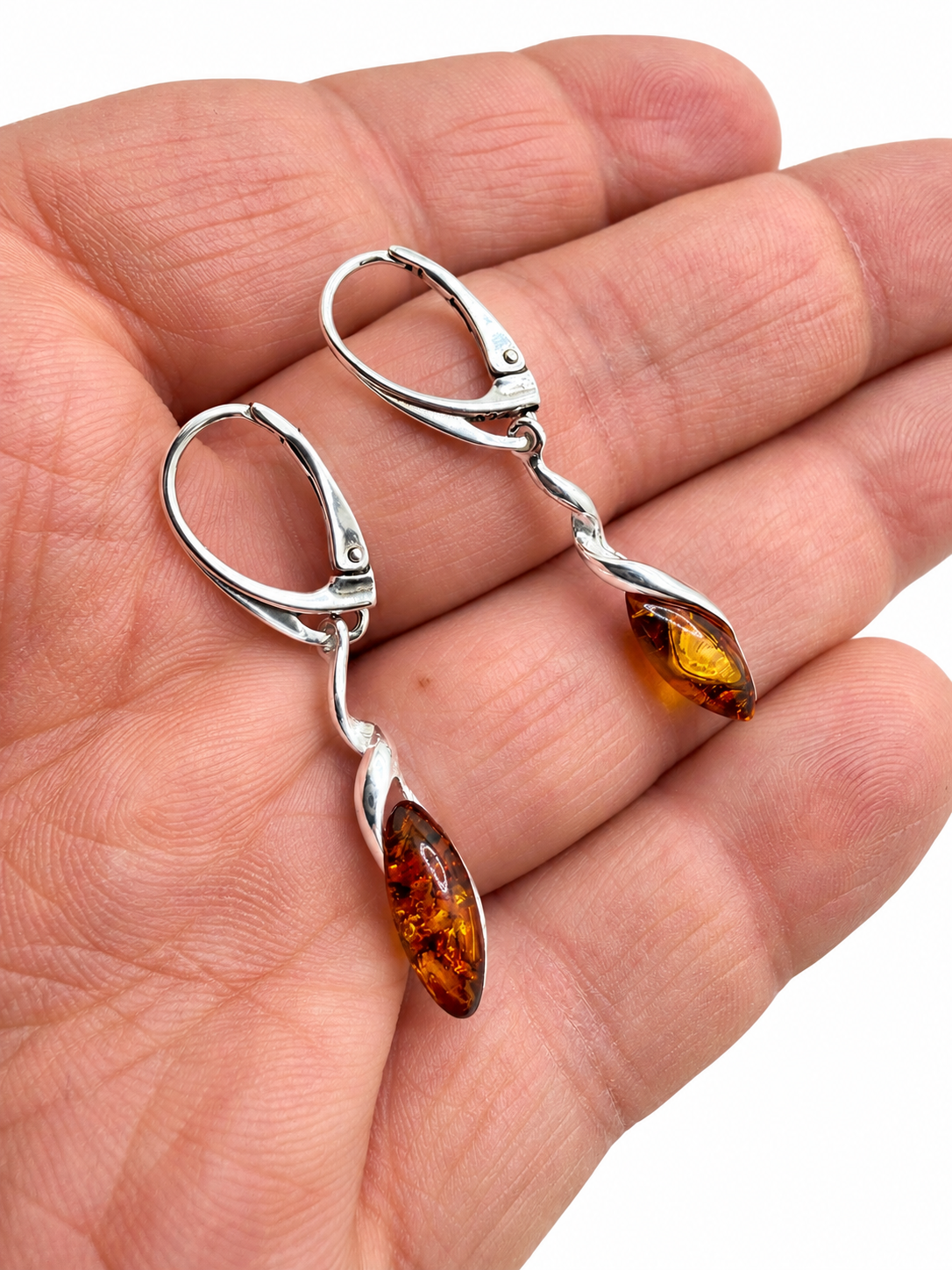 Genuine Baltic Amber & Sterling Silver Twist Drop Earrings