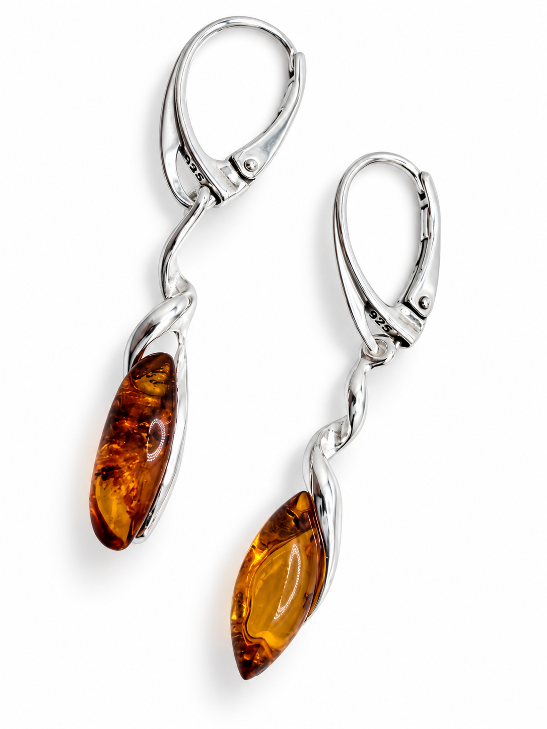 Genuine Baltic Amber & Sterling Silver Twist Drop Earrings