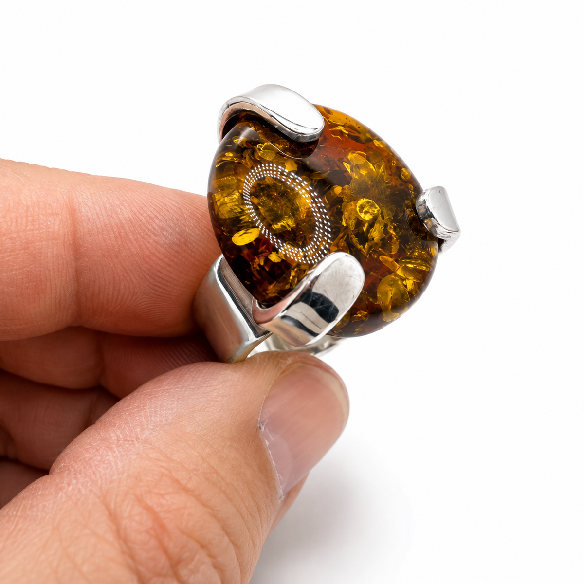 Genuine Green Baltic Amber Sterling Silver Ring 
