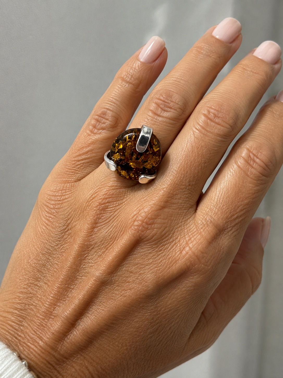 Genuine Green Baltic Amber Sterling Silver Ring 