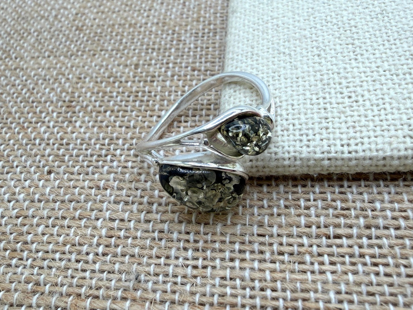 Genuine Green Baltic Amber Two Stone Ring in Sterling 925 Silver