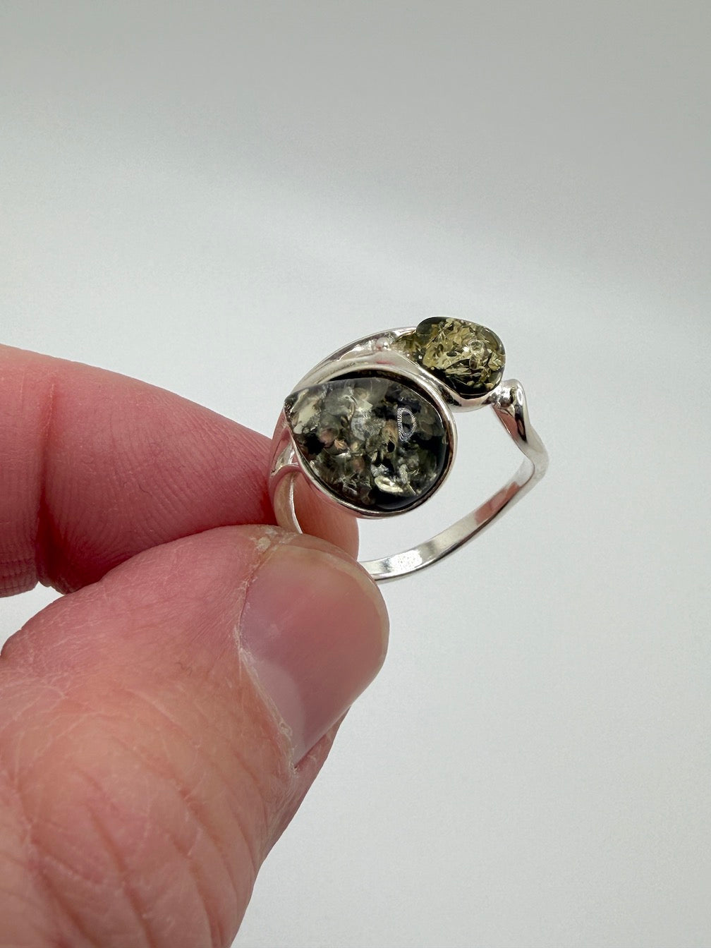 Genuine Green Baltic Amber Two Stone Ring in Sterling 925 Silver