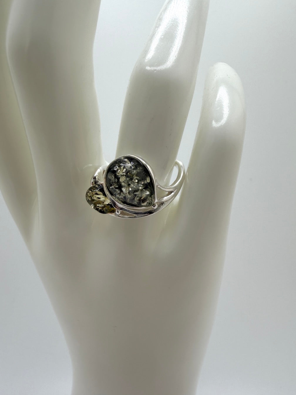 Genuine Green Baltic Amber Two Stone Ring in Sterling 925 Silver