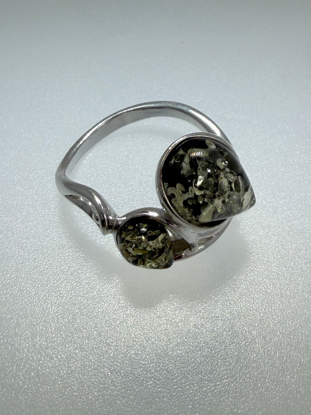 Genuine Green Baltic Amber Two Stone Ring in Sterling 925 Silver