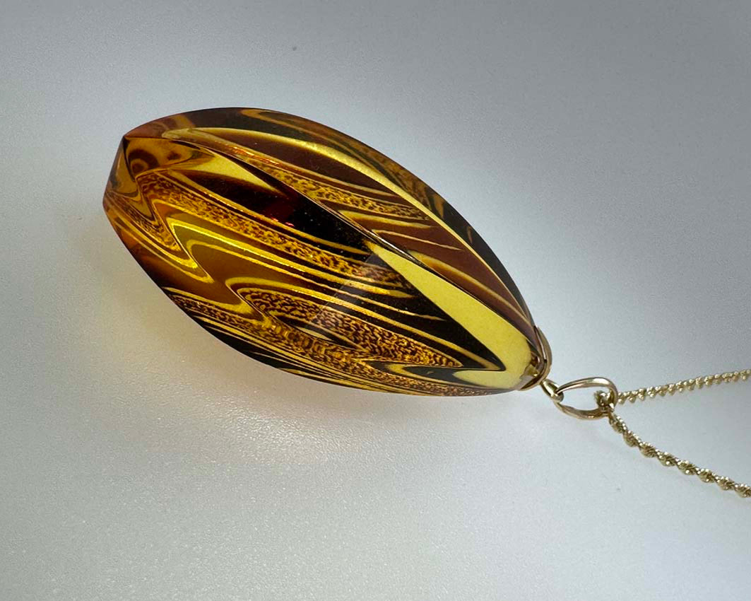 Genuine Hand-Etched Baltic Amber Pendant - Honey Amber in Solid 14K Gold on Rope Chain