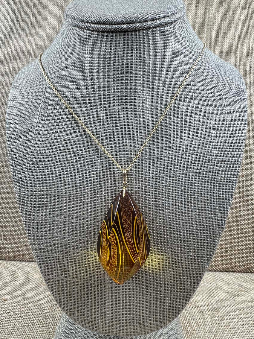 Genuine Hand-Etched Baltic Amber Pendant - Honey Amber in Solid 14K Gold on Rope Chain
