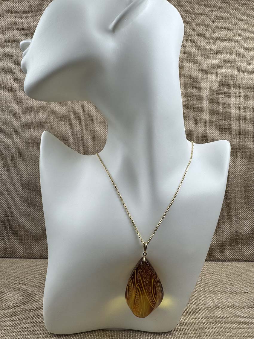 Genuine Hand-Etched Baltic Amber Pendant - Honey Amber in Solid 14K Gold on Rope Chain
