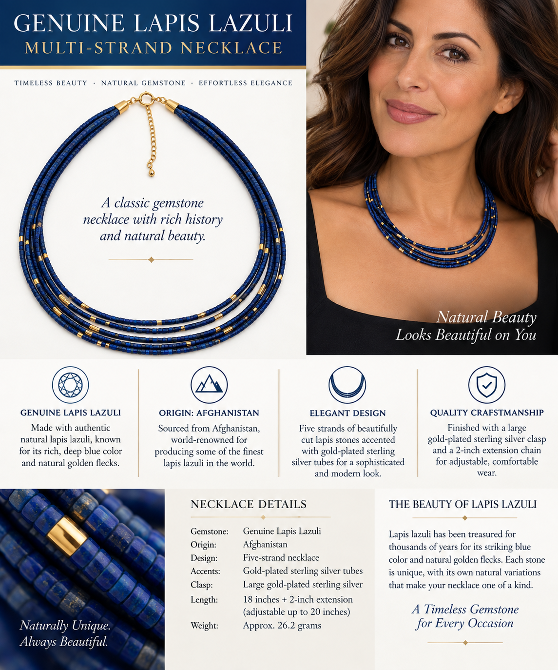 Genuine Lapis Lazuli Necklace – Five Strand
