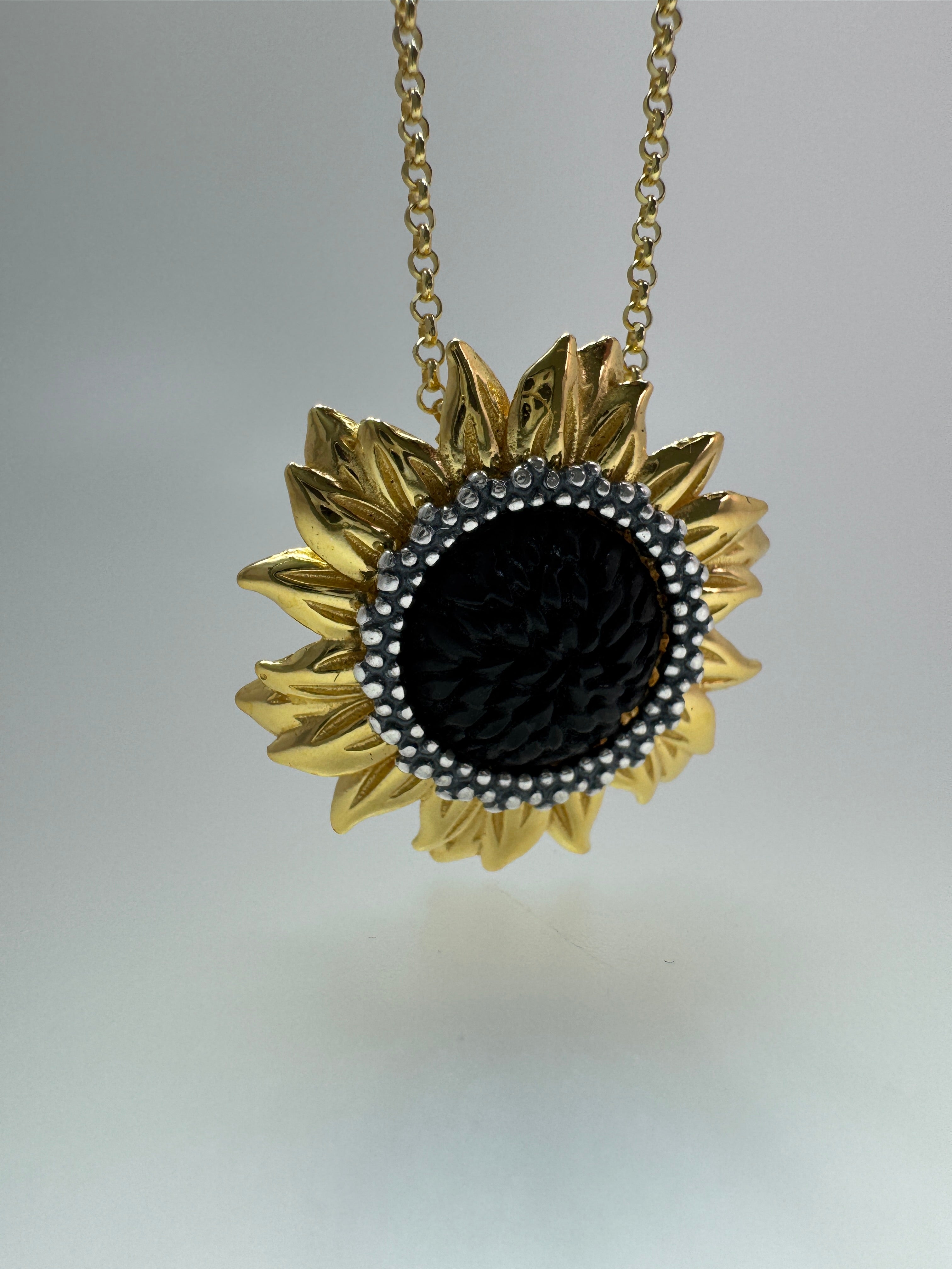 Genuine Rare Black Baltic Amber Sterling Silver Gold Platted Sunflower Pendant with Chain 