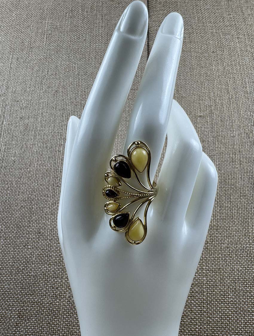 Gold-Plated Sterling Silver Cherry & Butterscotch Baltic Amber Fan Cocktail Ring - Adjustable Open Shank