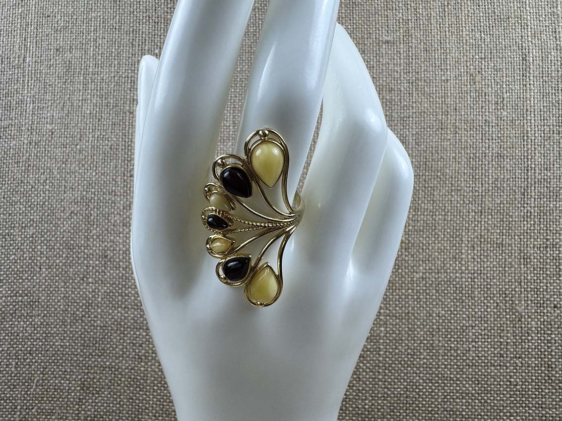 Gold-Plated Sterling Silver Cherry & Butterscotch Baltic Amber Fan Cocktail Ring - Adjustable Open Shank