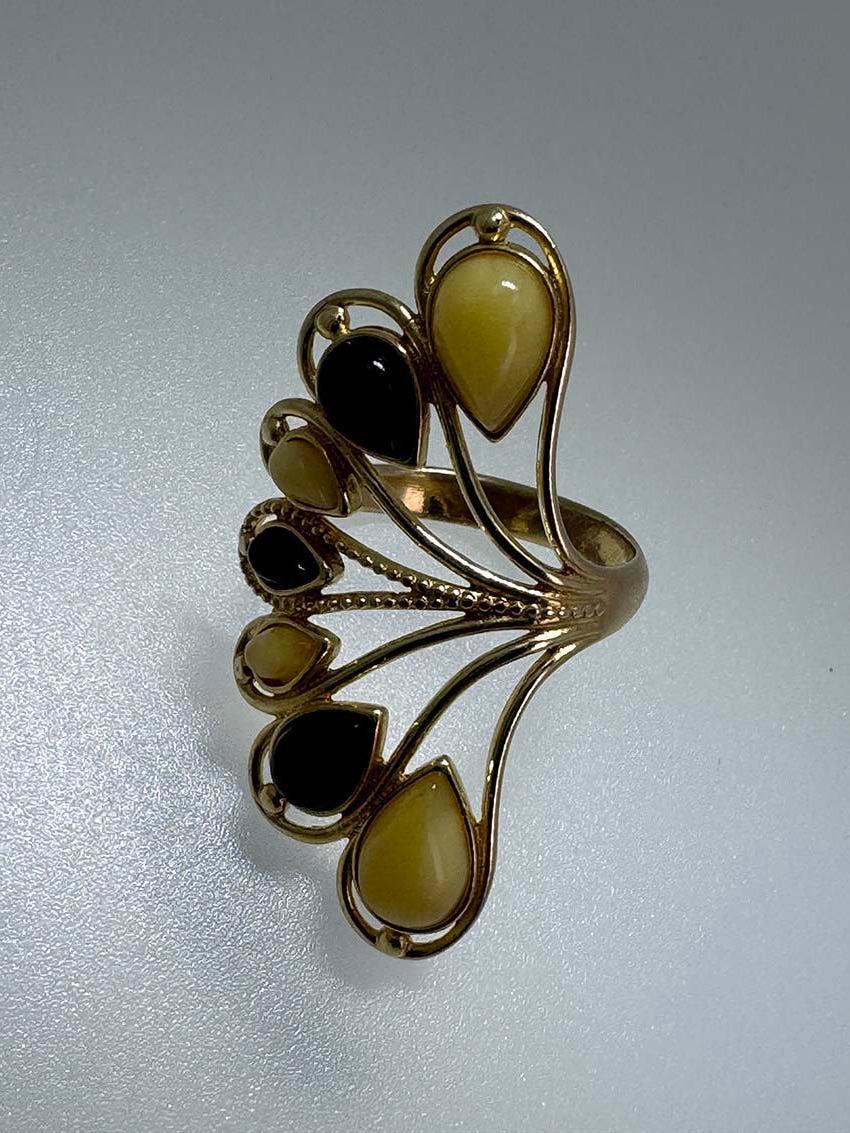 Gold-Plated Sterling Silver Cherry & Butterscotch Baltic Amber Fan Cocktail Ring - Adjustable Open Shank