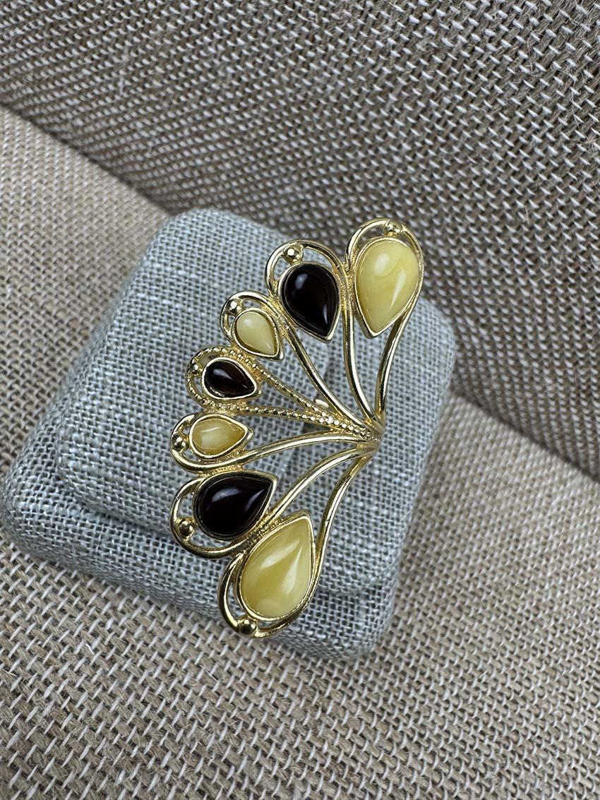 Gold-Plated Sterling Silver Cherry & Butterscotch Baltic Amber Fan Cocktail Ring - Adjustable Open Shank