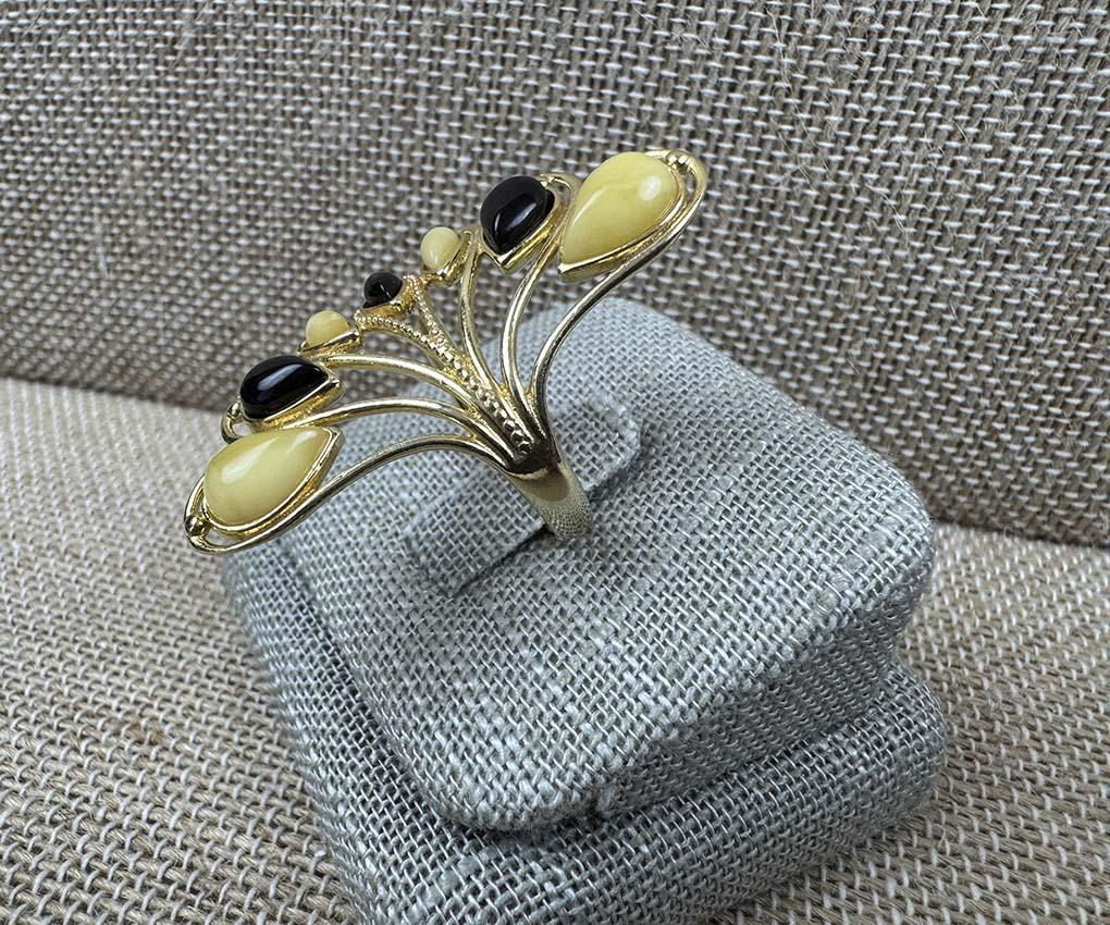 Gold-Plated Sterling Silver Cherry & Butterscotch Baltic Amber Fan Cocktail Ring - Adjustable Open Shank