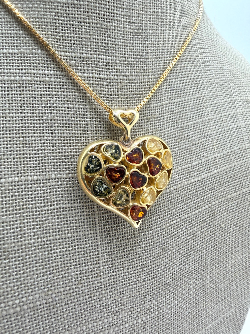 Gold-Plated Sterling Silver Filigree Baltic Amber Heart Pendant on Thick Box Chain