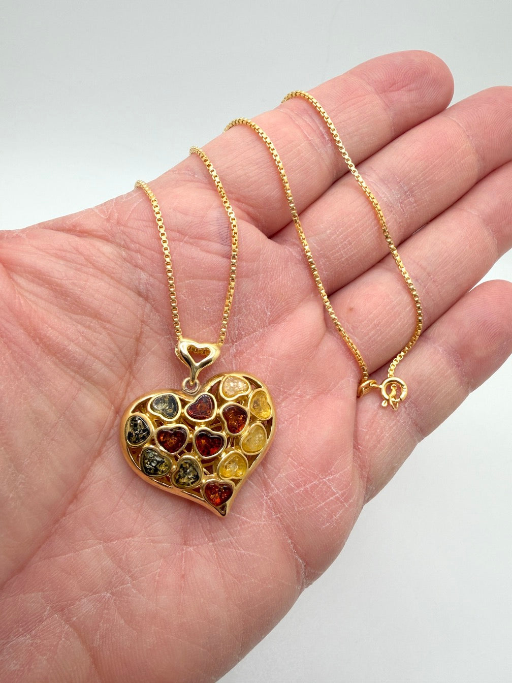 Gold-Plated Sterling Silver Filigree Baltic Amber Heart Pendant on Thick Box Chain