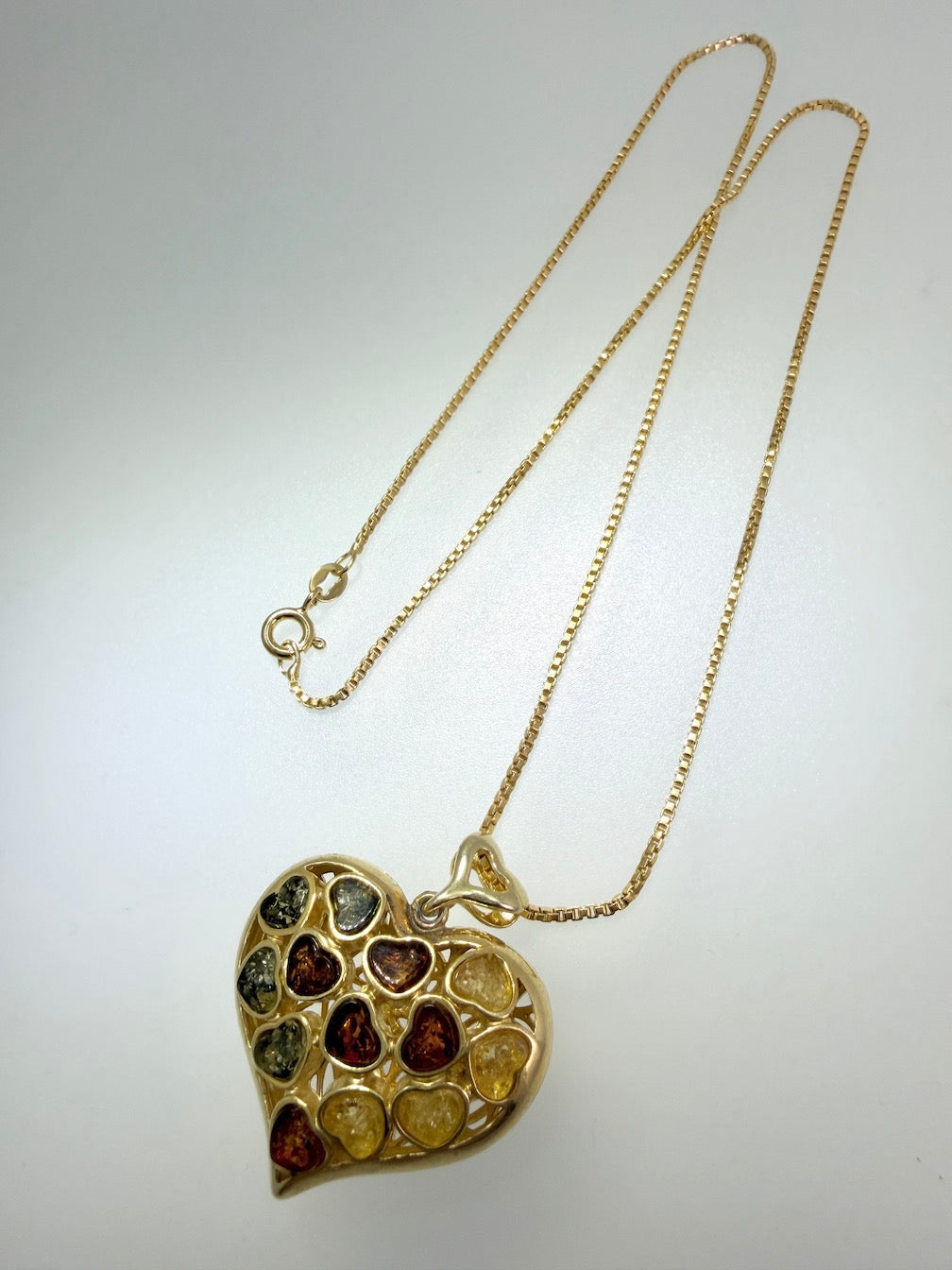 Gold-Plated Sterling Silver Filigree Baltic Amber Heart Pendant on Thick Box Chain
