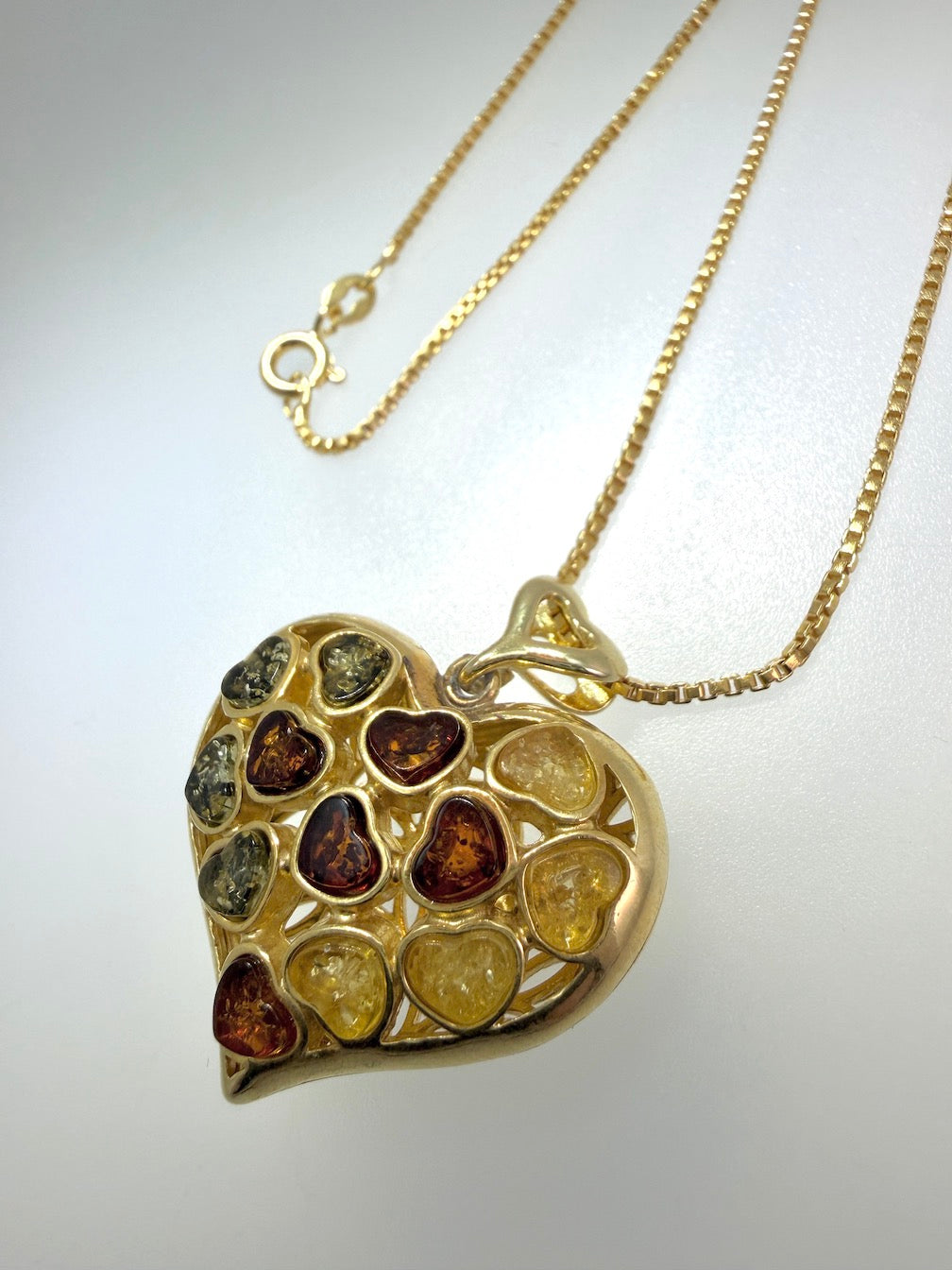 Gold-Plated Sterling Silver Filigree Baltic Amber Heart Pendant on Thick Box Chain