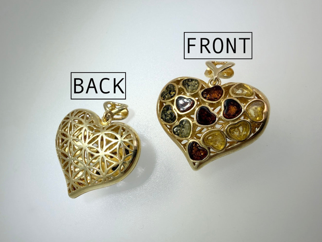 Gold-Plated Sterling Silver Filigree Baltic Amber Heart Pendant on Thick Box Chain