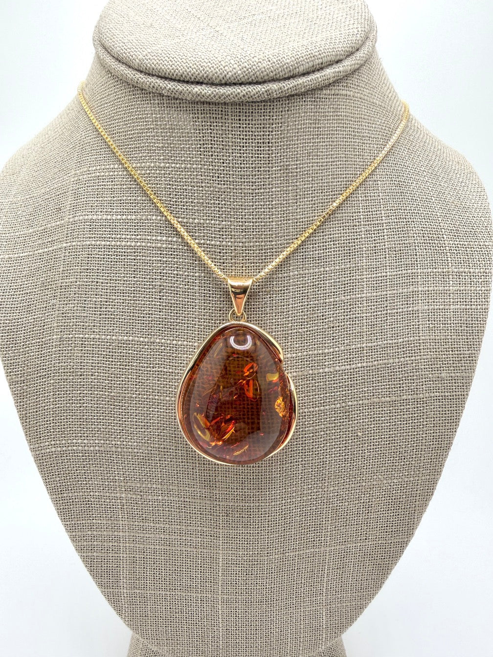 Gold Plated Hand Made Sterling Silver Honey Cognac Baltic Amber Modern Pendant with 18” Box Chain