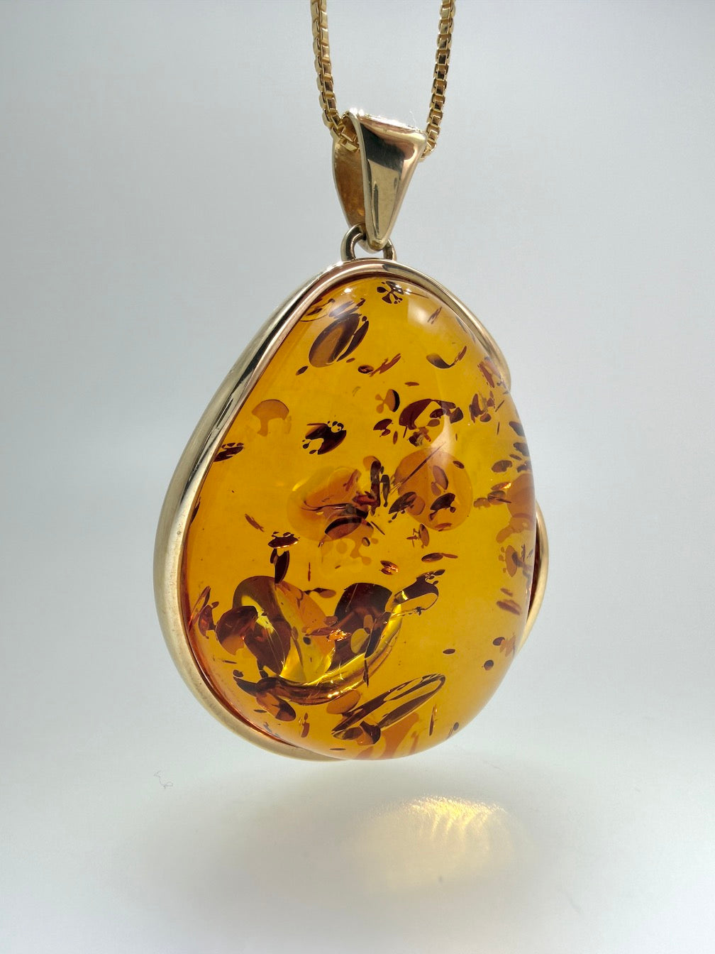 Gold Plated Hand Made Sterling Silver Honey Cognac Baltic Amber Modern Pendant with 18” Box Chain