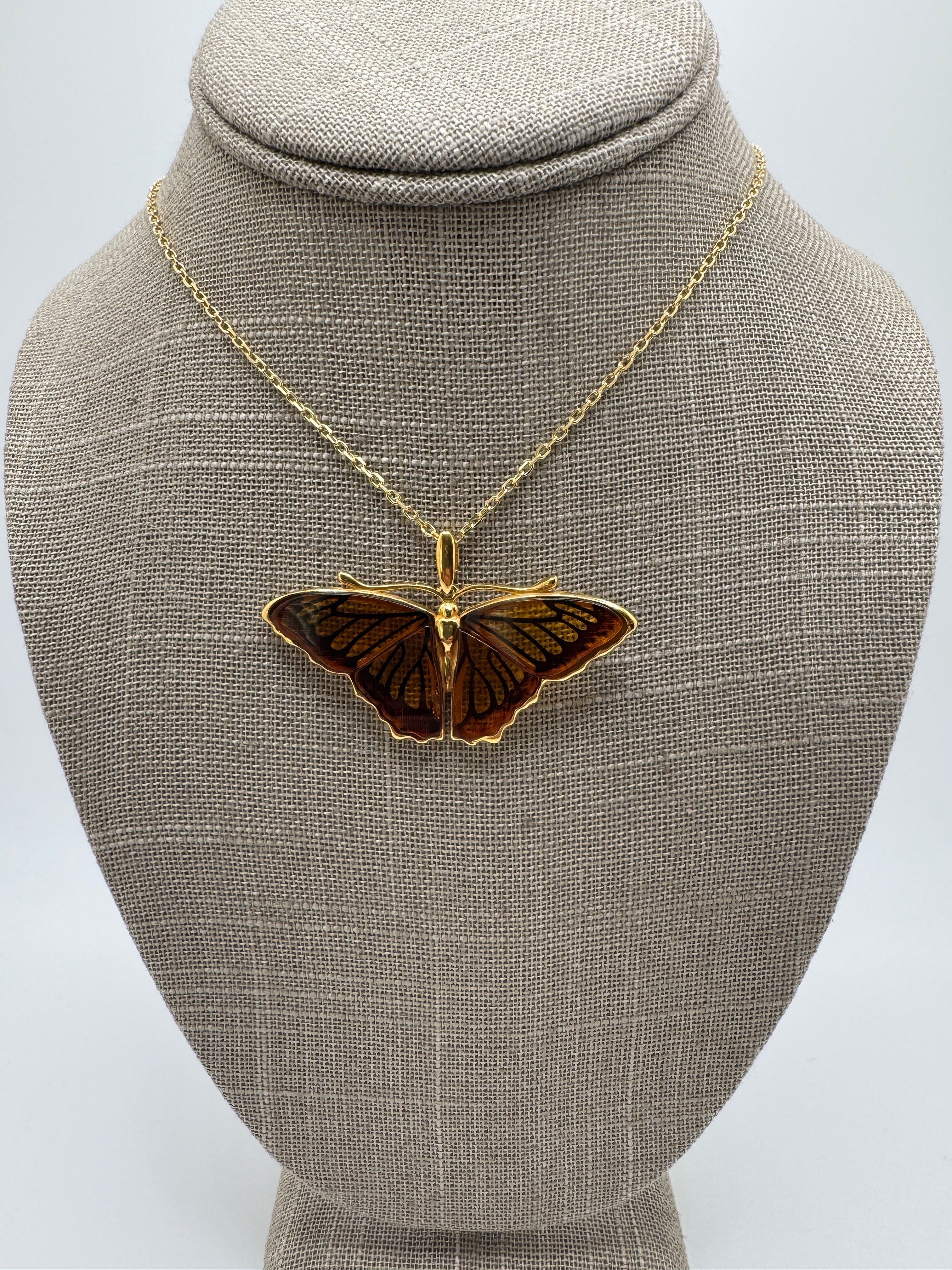 Gold Plated Sterling Silver Honey Baltic Amber Butterfly Pendant Necklace – Handmade in Poland, Museum Quality Statement Piece