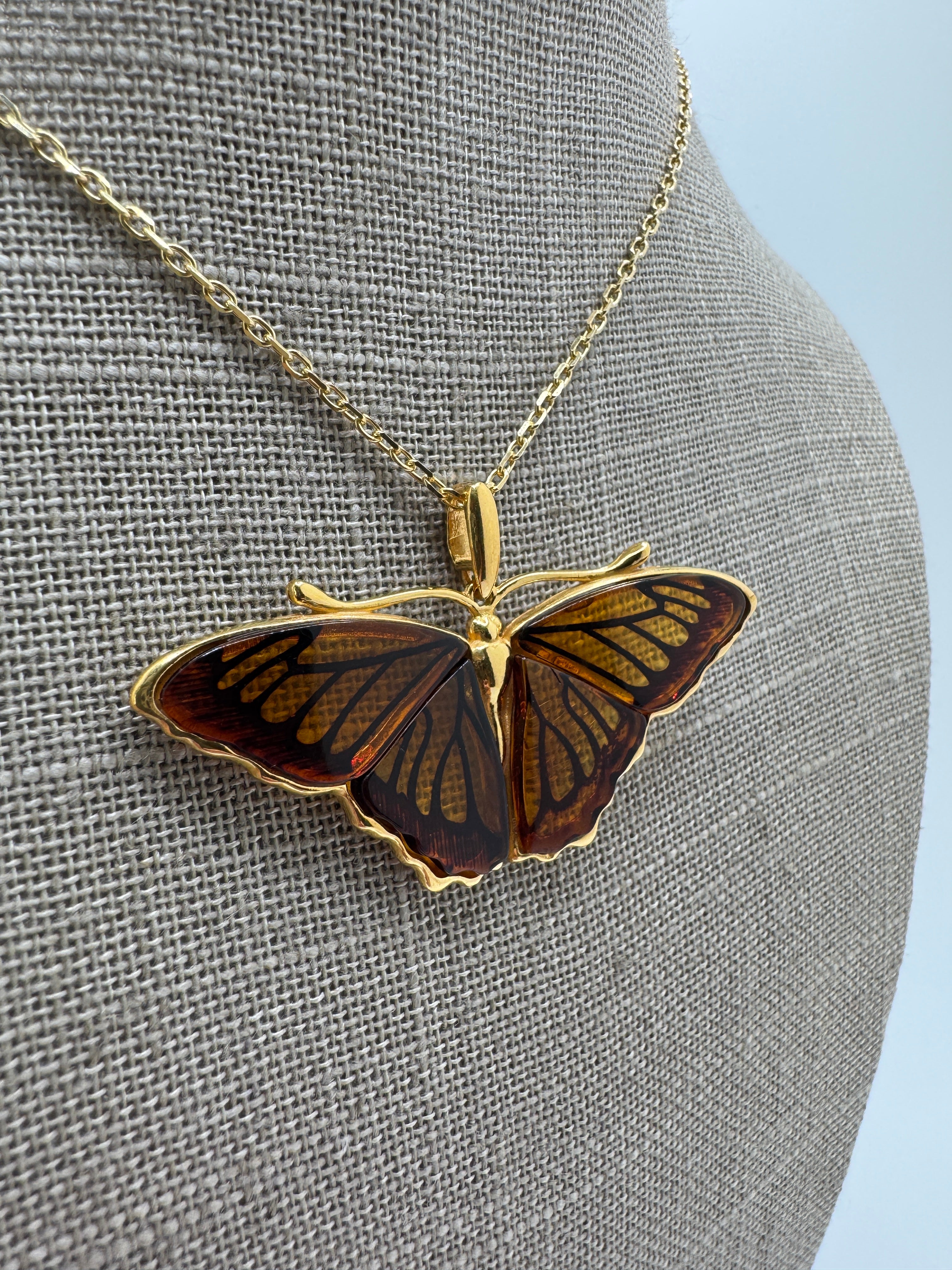 Gold Plated Sterling Silver Honey Baltic Amber Butterfly Pendant Necklace – Handmade in Poland, Museum Quality Statement Piece