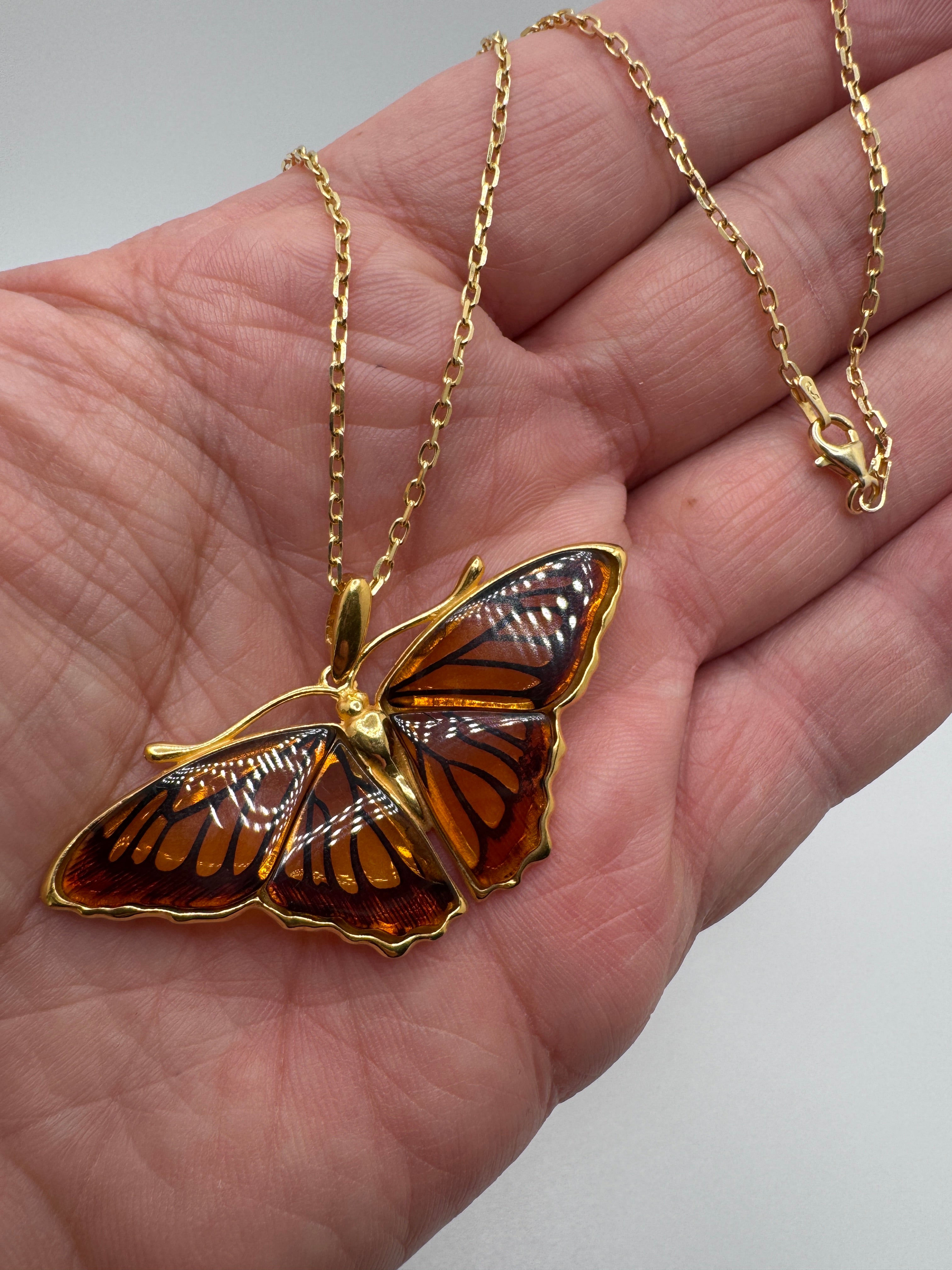 Gold Plated Sterling Silver Honey Baltic Amber Butterfly Pendant Necklace – Handmade in Poland, Museum Quality Statement Piece
